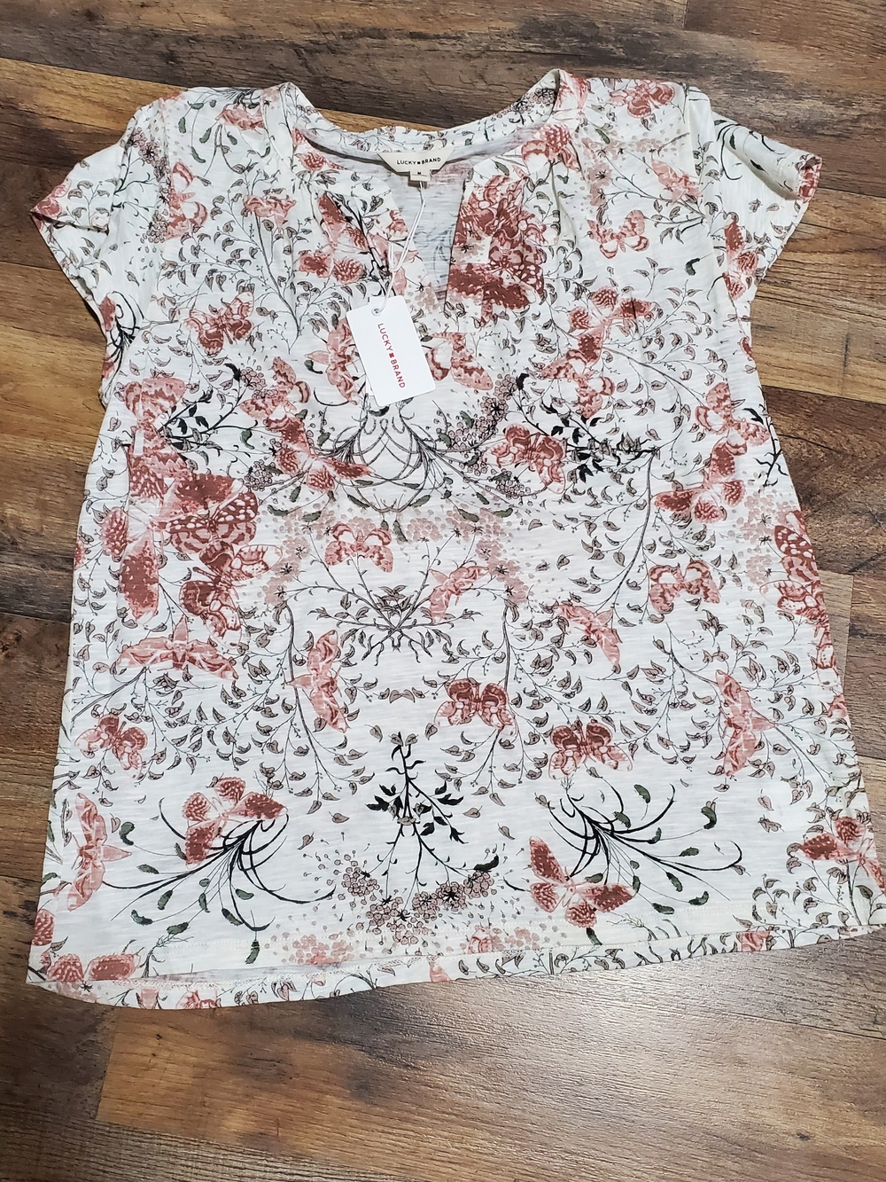 Lucky Brand Cream Floral Short Sleeve V-Neck Tee with Rust and Green Print